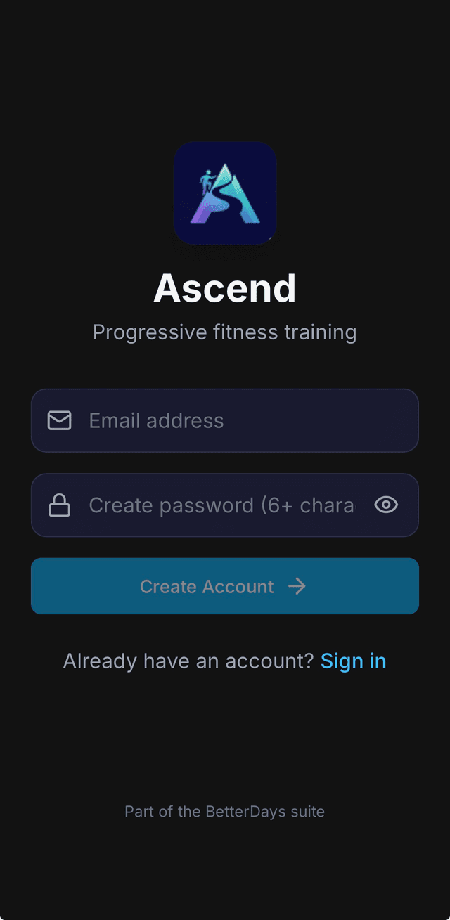 Ascend account creation screen showing email and password input fields