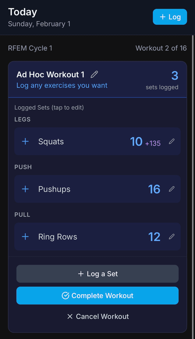 Ad-hoc workout with logged sets and controls for rename, complete, and cancel