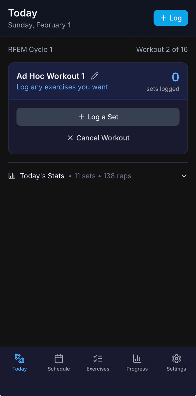 Ad-hoc workout creation screen with Log a Set button
