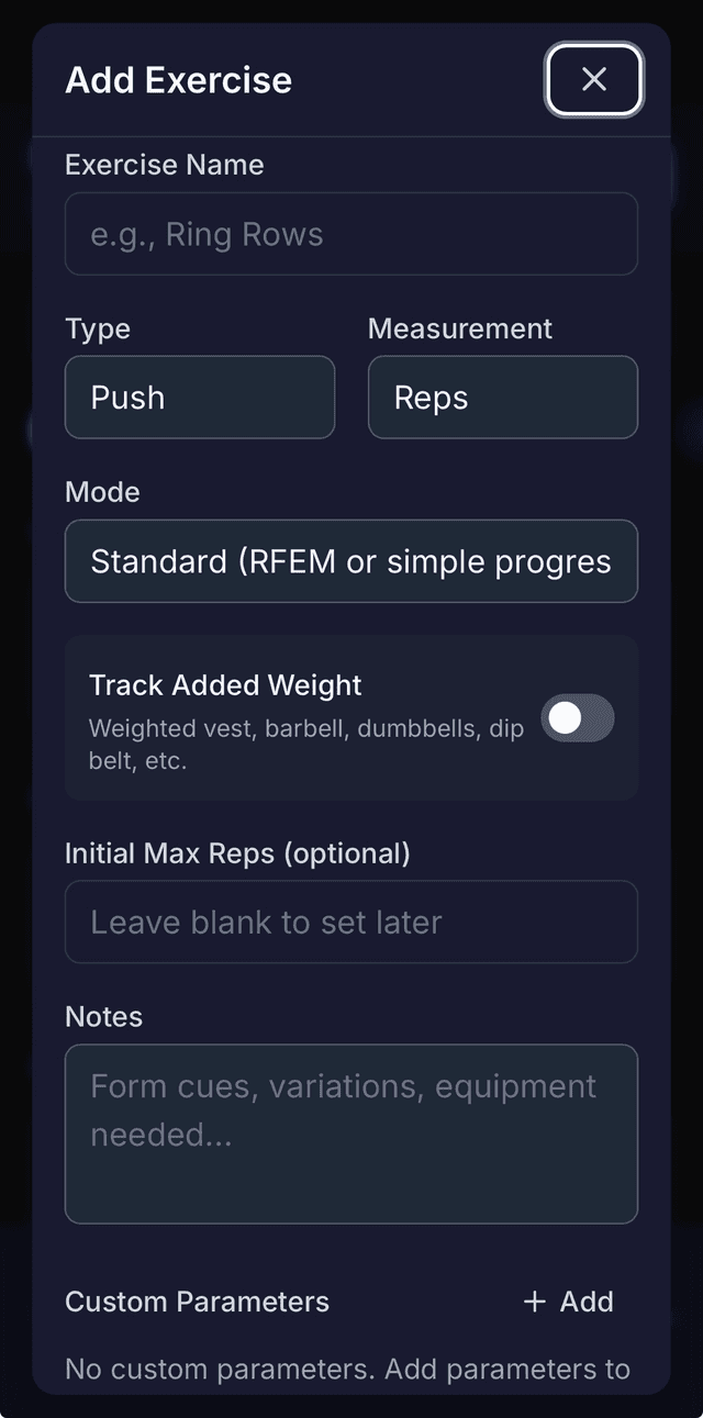 Create exercise form showing name, type, measurement, mode, and initial max fields