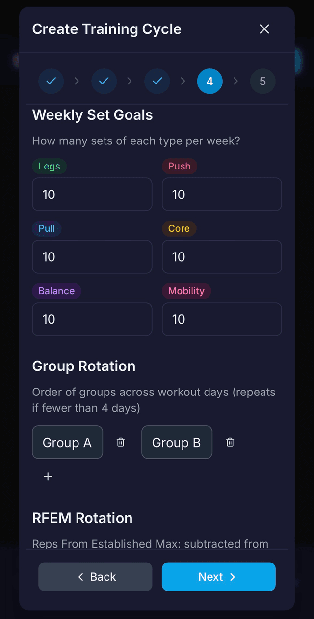 Cycle wizard step 5 showing RFEM rotation, weekly set goals, and warmup sets toggle