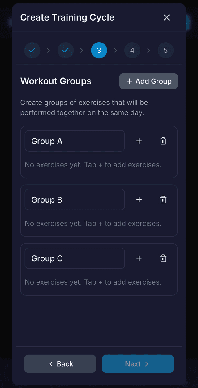 Cycle wizard step 3 showing exercise groups with Add Exercises button and exercise selection