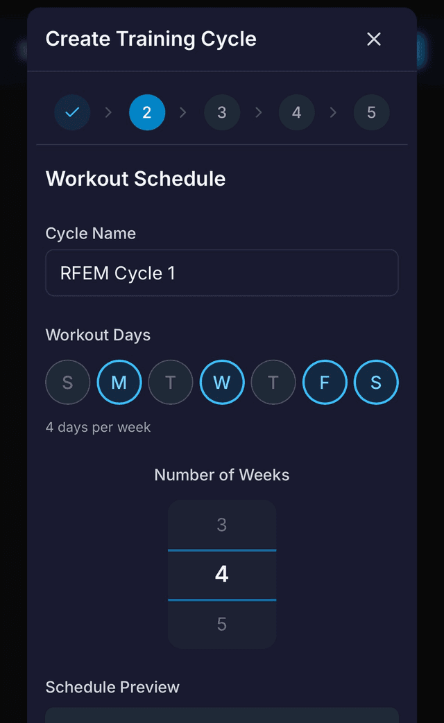 Cycle wizard step 2 showing cycle name, training days selector, and number of weeks