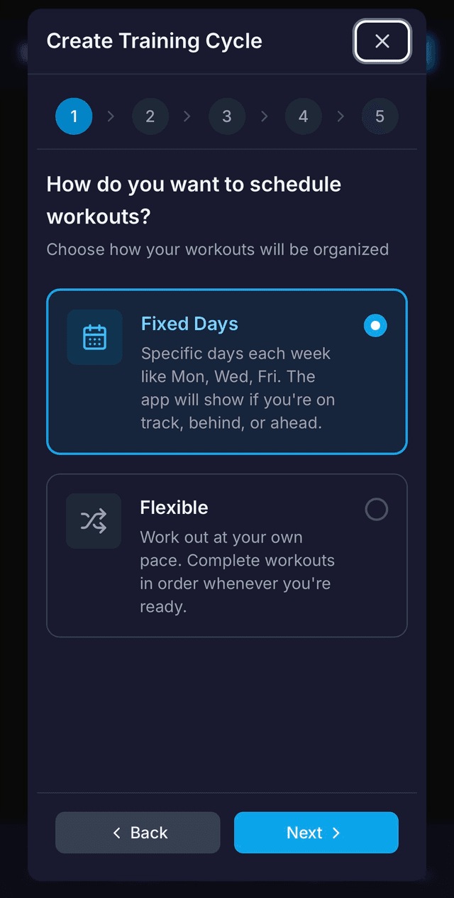 Cycle wizard step 1 showing Fixed Days vs Flexible schedule mode selection
