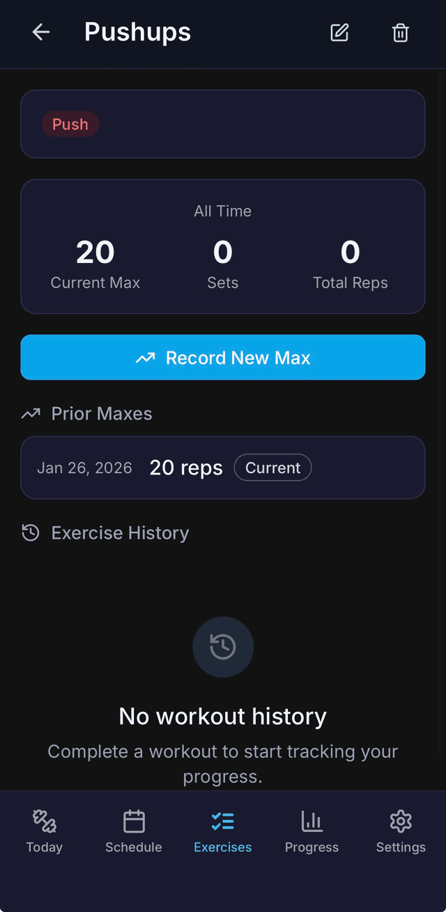 Exercise detail page showing the Record New Max button