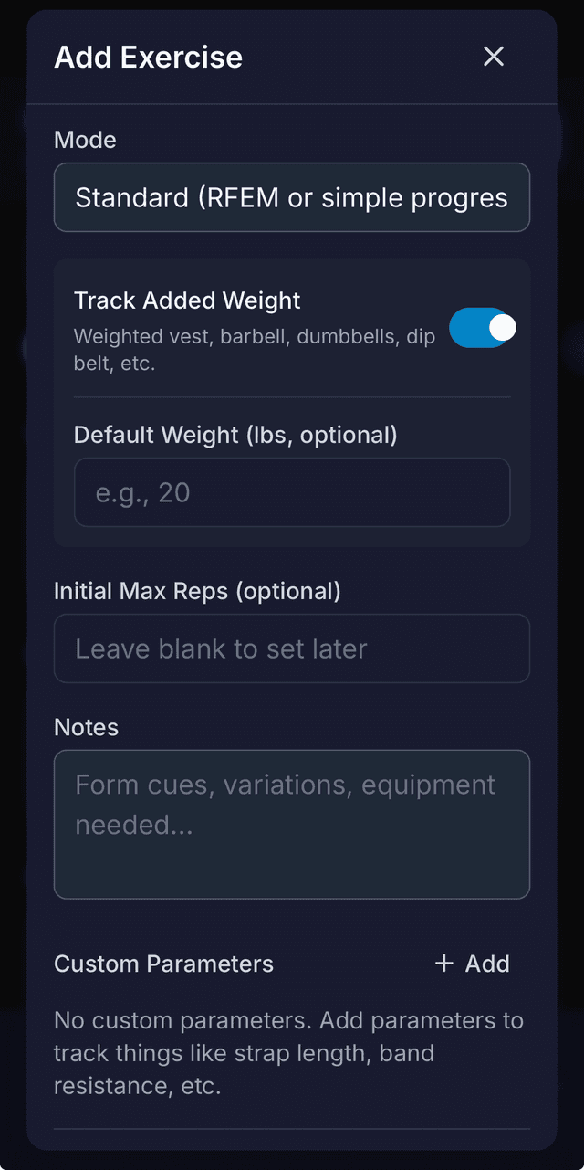 Exercise form showing weight tracking toggle and custom parameters
