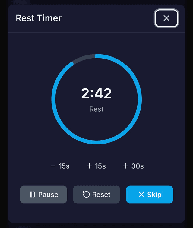 Rest timer with circular countdown, pause and resume controls, and time adjustment buttons