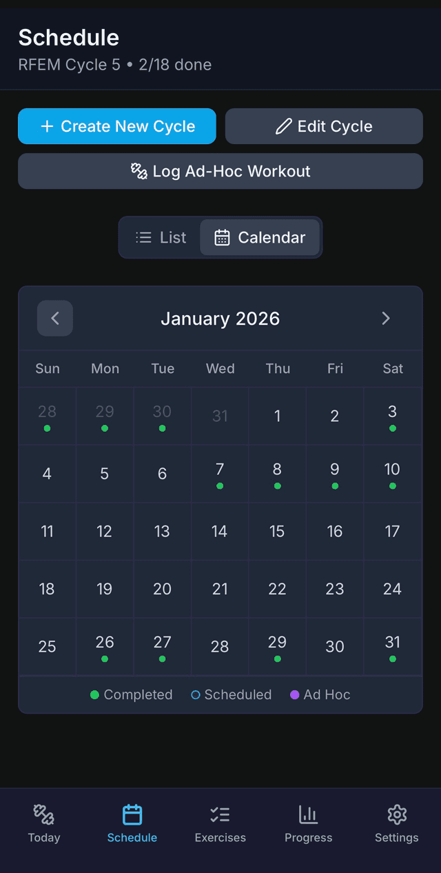 Schedule page calendar view with colored dots showing green for completed, yellow for partial, and gray for pending