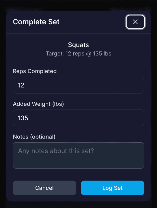Set logging popup with reps input, weight input, custom parameters, and notes field