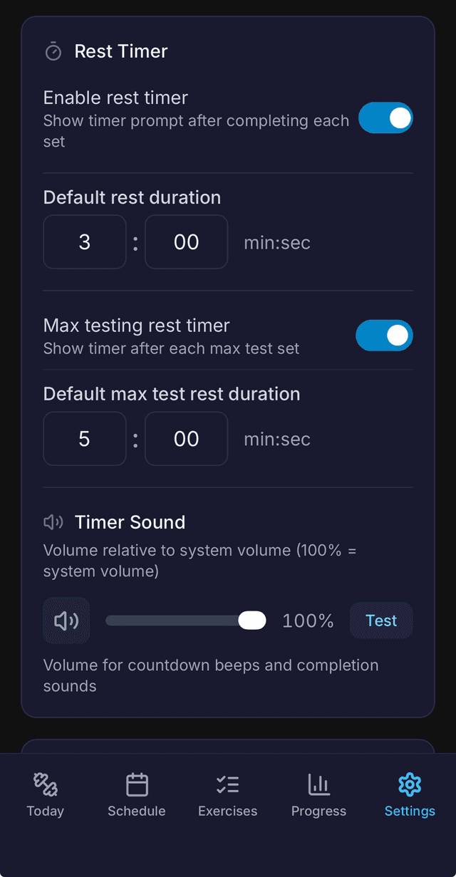Settings rest timer page showing enable toggle, duration, max testing rest, and sound volume