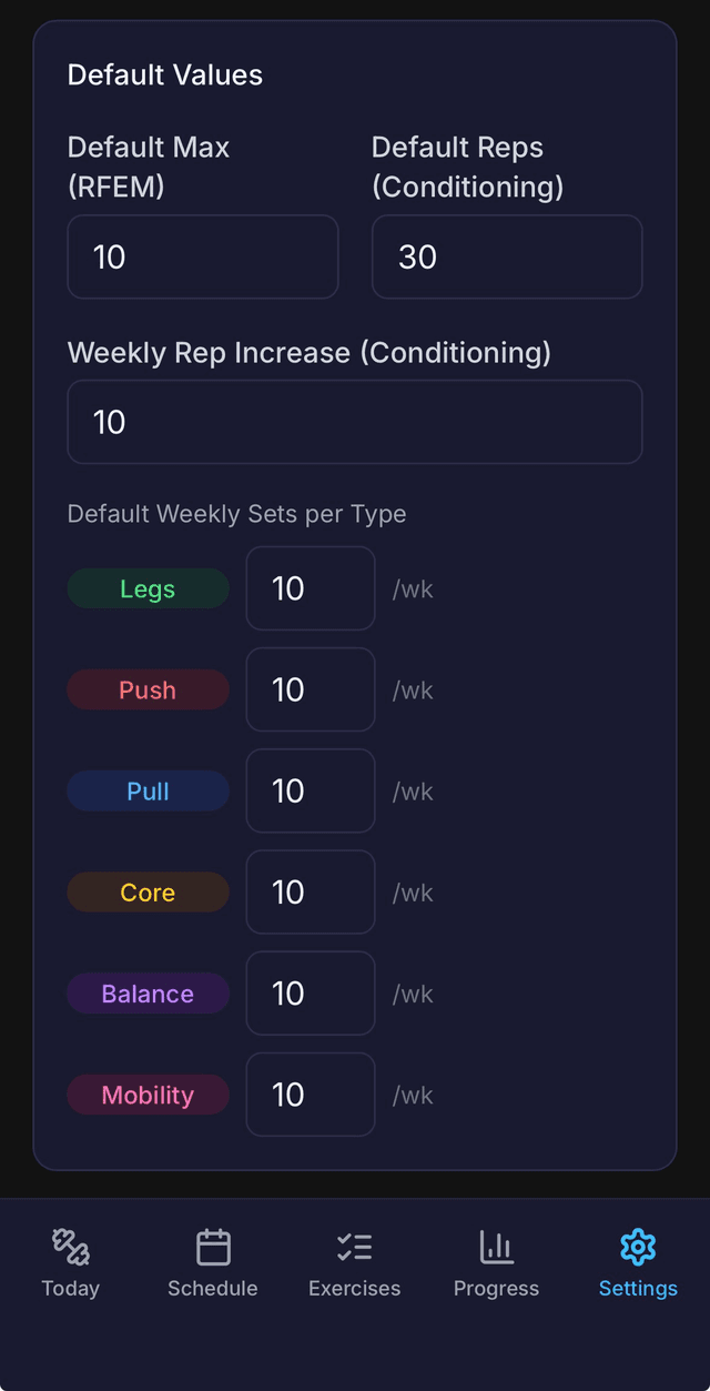 Settings training defaults page showing default max, weekly sets per type, and conditioning defaults