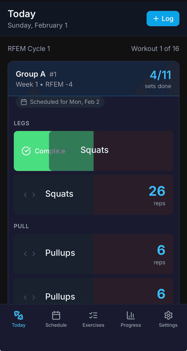 Today page showing active workout with cycle progress, scheduled sets, and completion stats