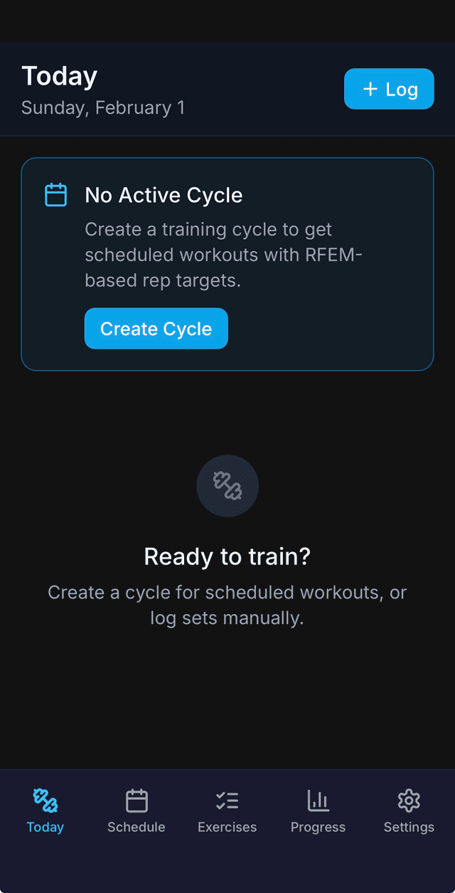 Exercises page showing the five bottom tab bar icons: Today, Schedule, Exercises, Progress, and Settings