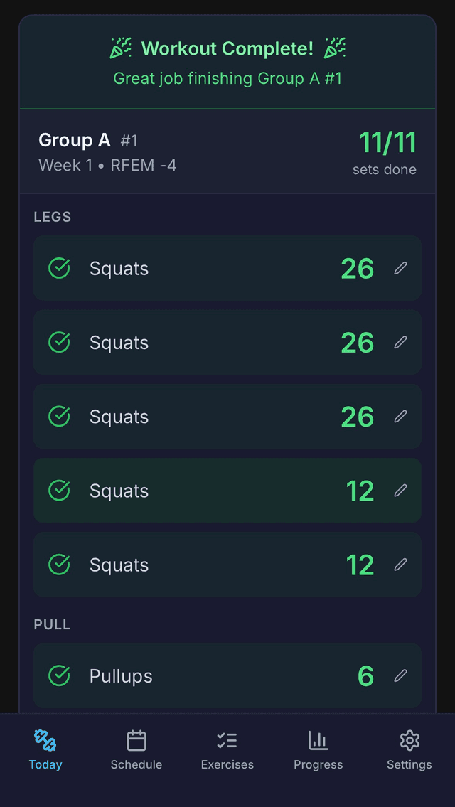 Workout complete banner with Continue to Next button